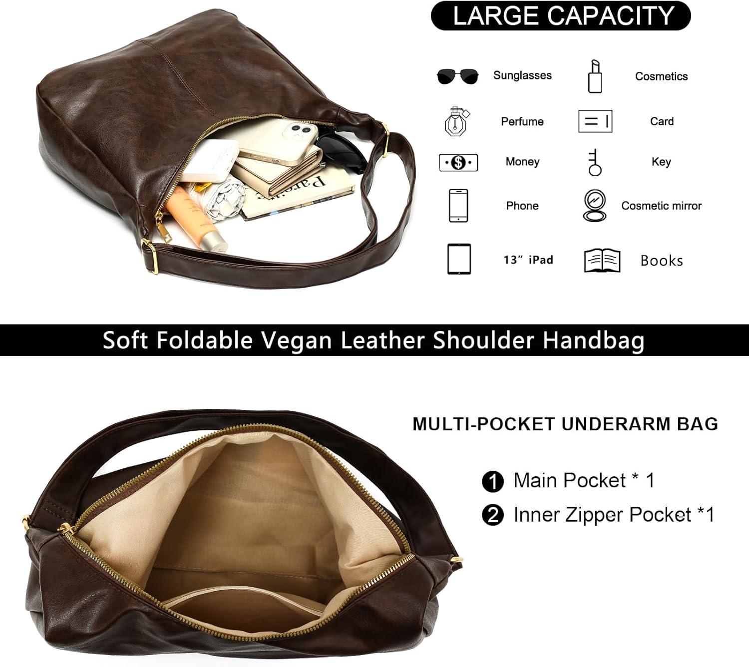 Slouchy Vegan Leather Shoulder Bag for Women Soft Crossbody Hobo Bags Everyday Tote Purses Handbags
