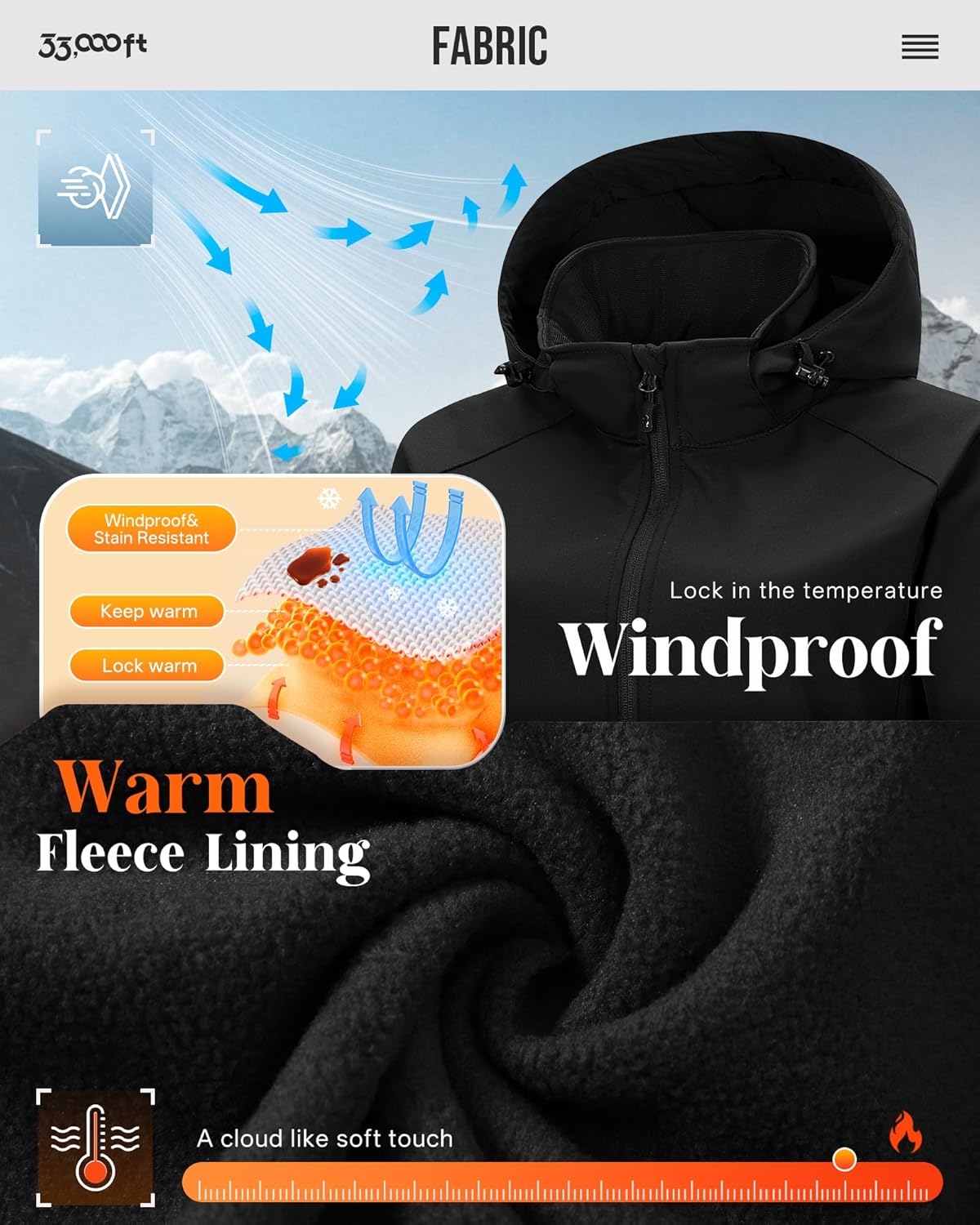Women's Waterproof Softshell Jacket with Removable Hood Lightweight Fleece Lined Warm Insulated Rain Windbreaker