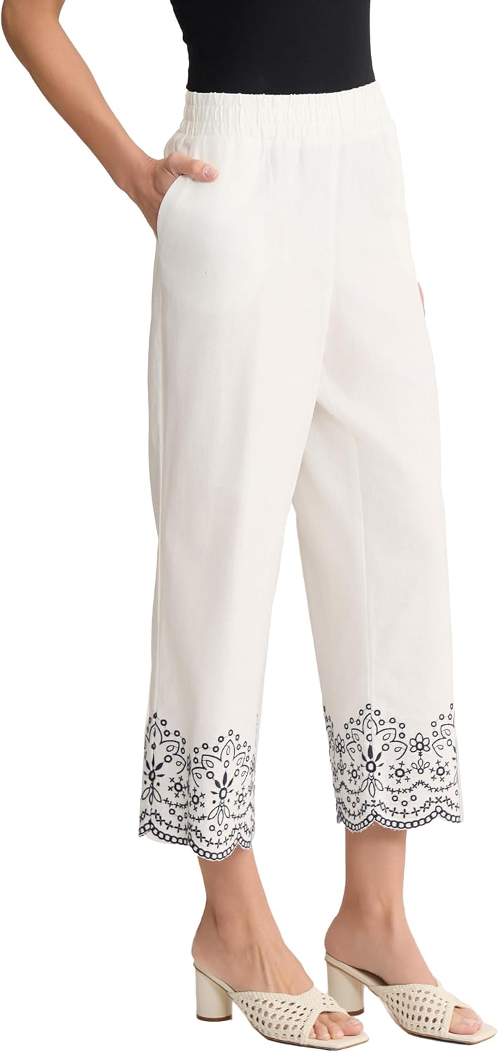Women's Embroidered Linen-Blend Crop Pant