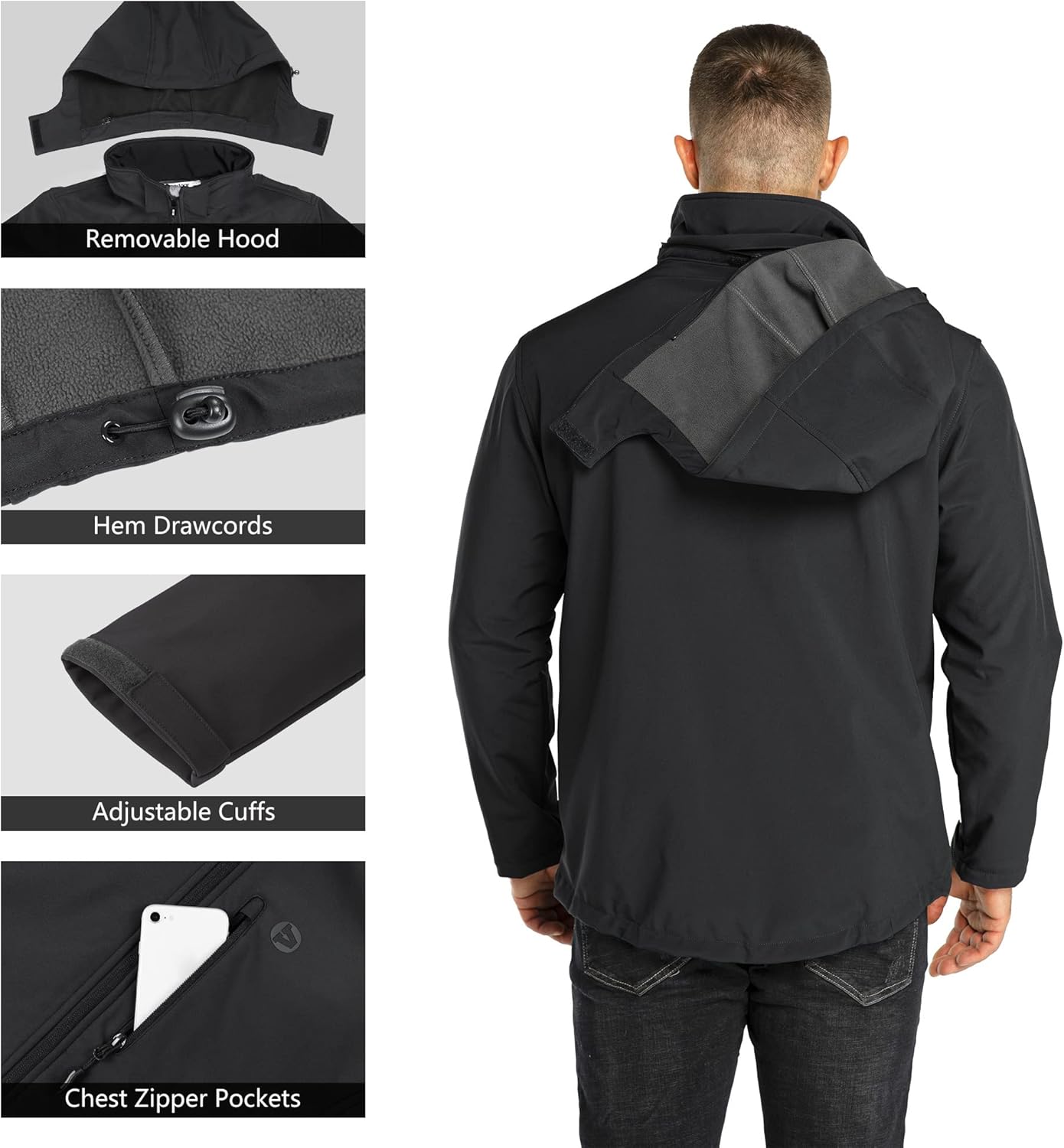 Men's Lightweight Softshell Jacket Fleece Lined Hooded Water Resistant Winter Hiking Windbreaker Jackets