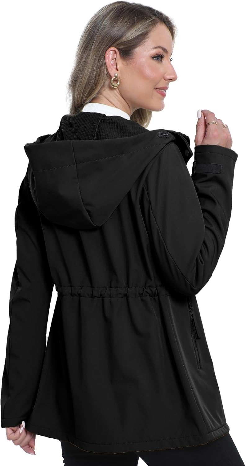 Women's Softshell Jacket Lightweight Waterproof Windbreaker Hooded Fleece Lined Insulated Coat for Outdoor Travel