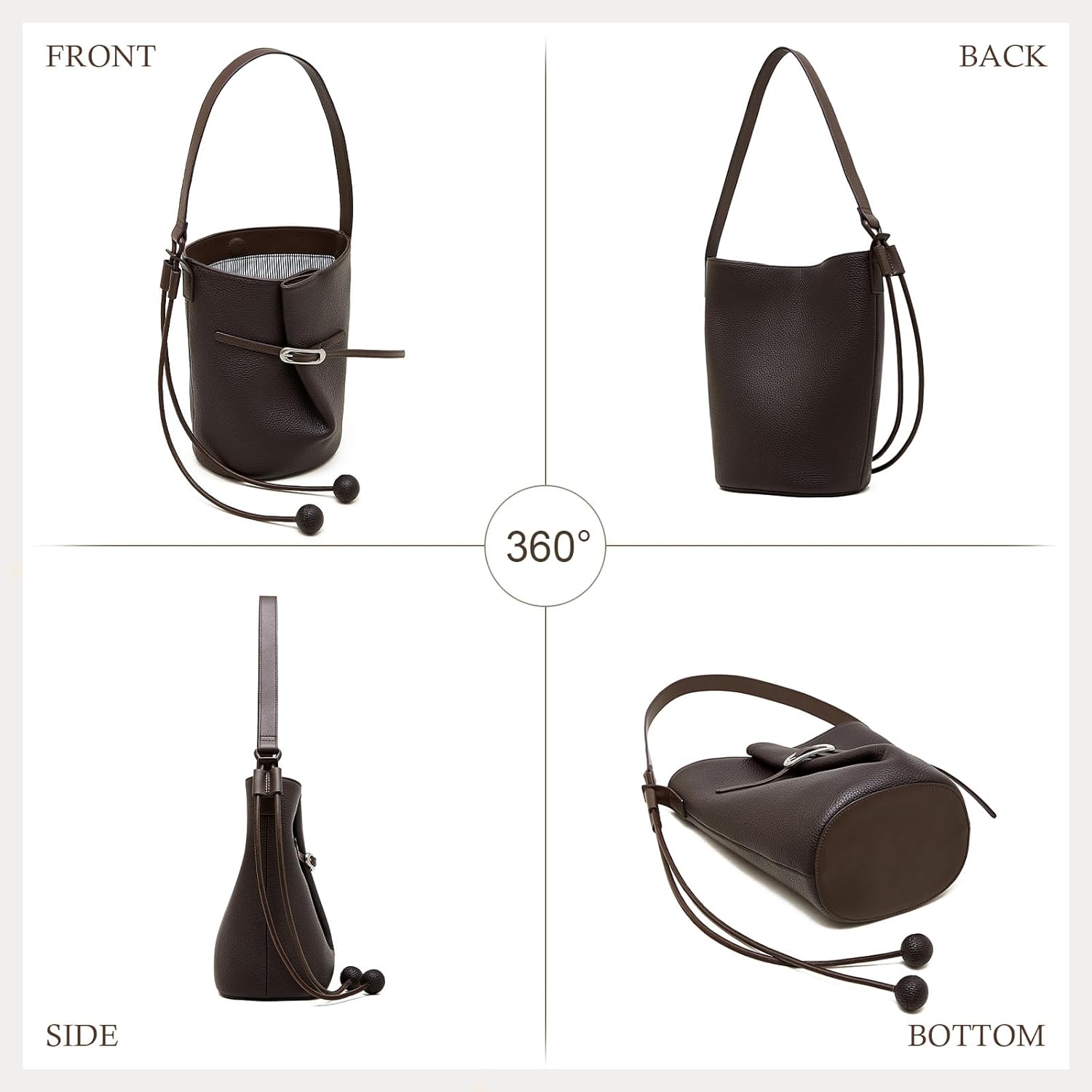 Genuine Leather Bucket Bag for Women Soft Scratch-Resistant Adjustable Shoulder Strap Removable Inner Pouch Magnetic Closure Lightweight Daily Work Commute Bag