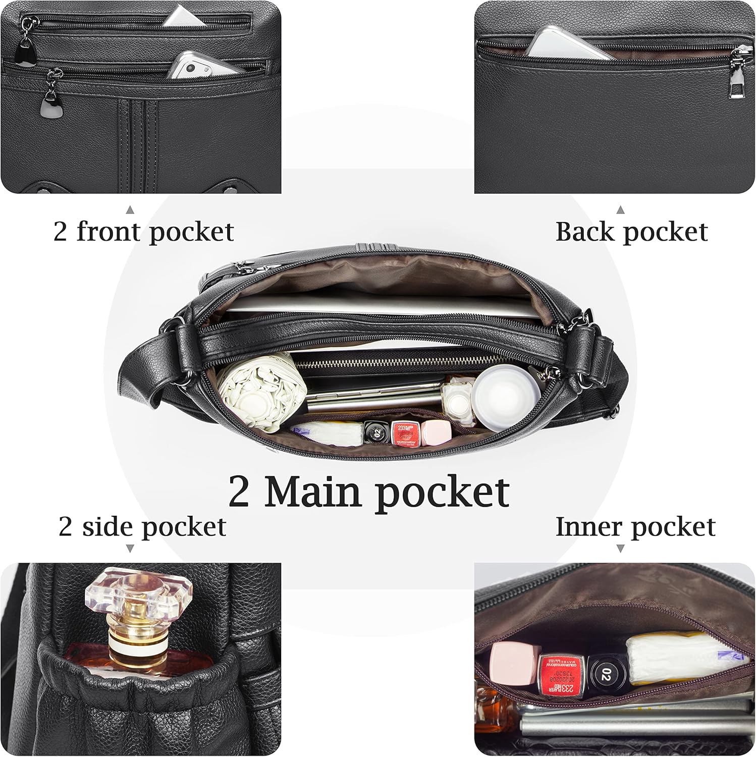 Women Soft PU Leather Shoulder Bag Multi Pocket Crossbody Medium Roomy Tote Top Handle Satchel