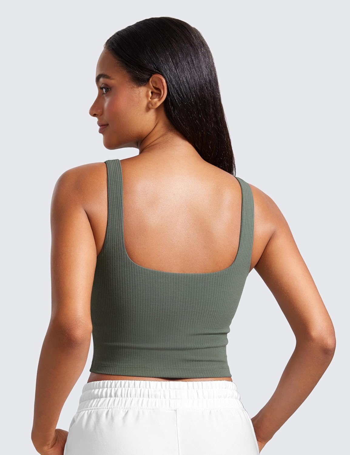 Ribbed Henley Crop Tank Tops for Women - Square Back Padded Yoga Workout Longline Sports Bras
