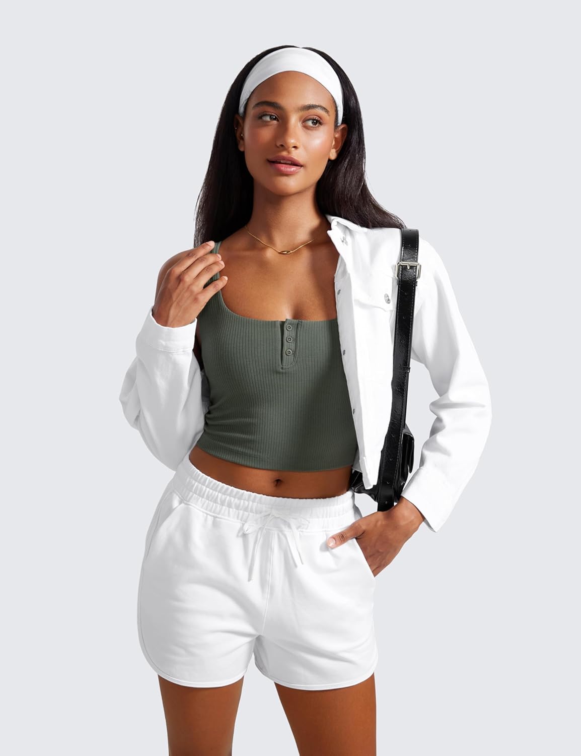Ribbed Henley Crop Tank Tops for Women - Square Back Padded Yoga Workout Longline Sports Bras