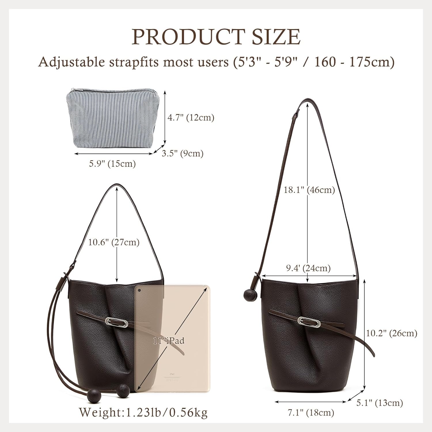 Genuine Leather Bucket Bag for Women Soft Scratch-Resistant Adjustable Shoulder Strap Removable Inner Pouch Magnetic Closure Lightweight Daily Work Commute Bag