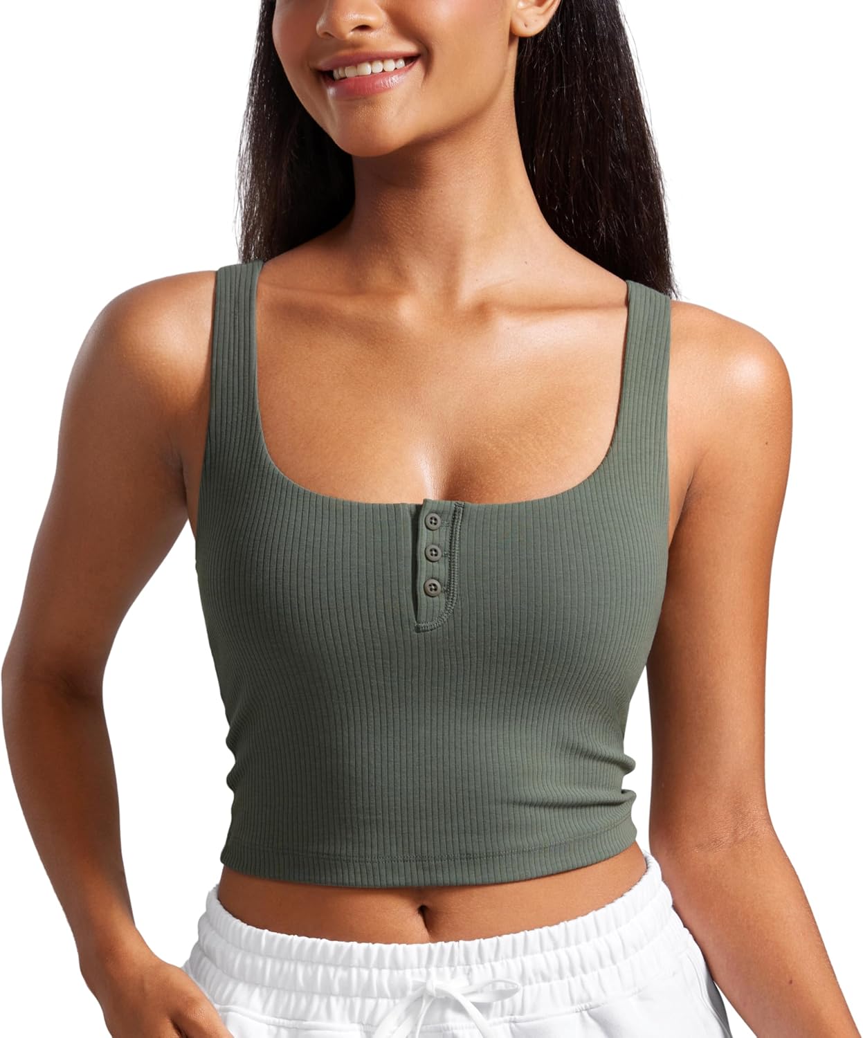 Ribbed Henley Crop Tank Tops for Women - Square Back Padded Yoga Workout Longline Sports Bras