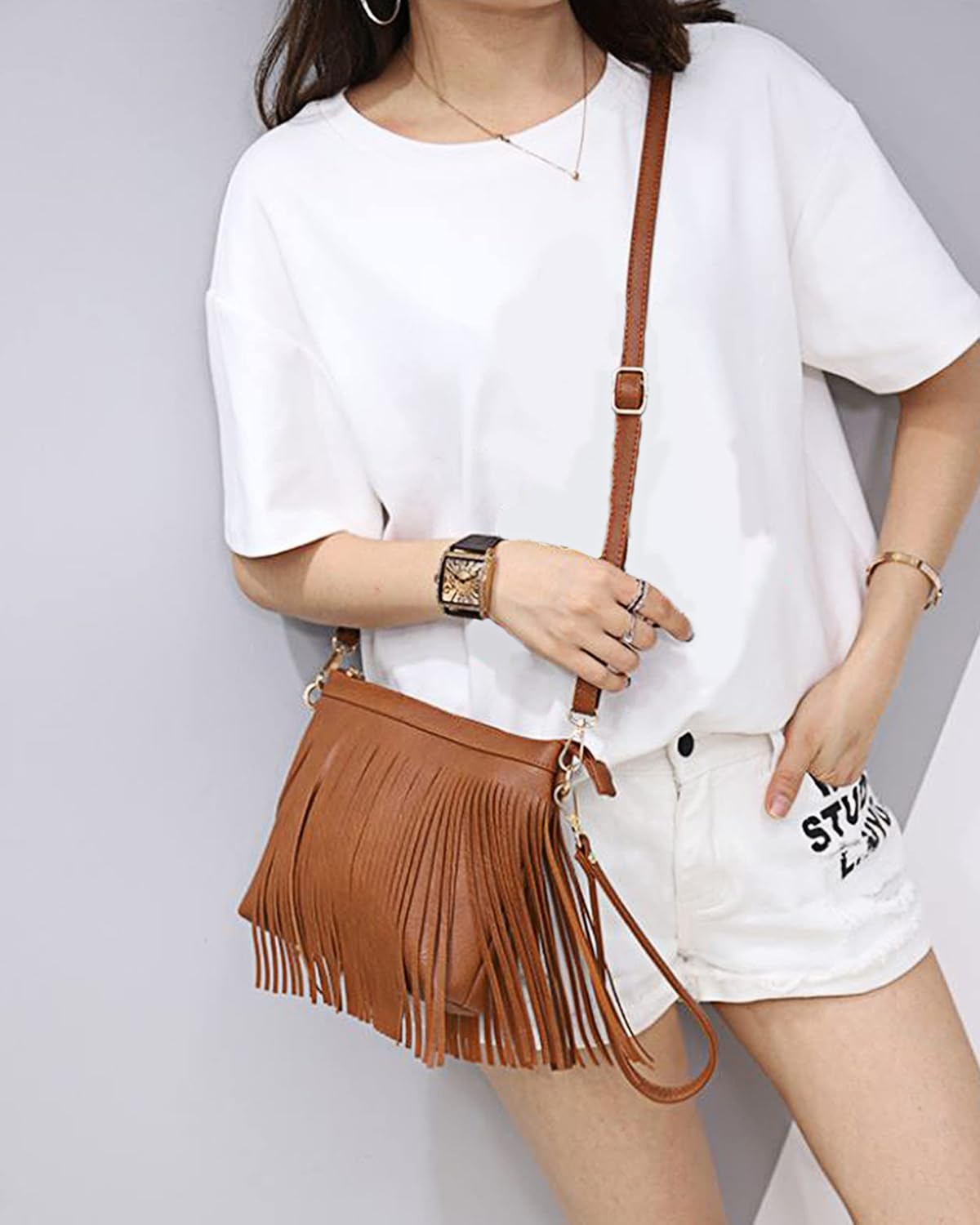 Women Small Fringe Tassel PU Leather Hobo Cross-body Shoulder Bag Wrist Bag Handbag