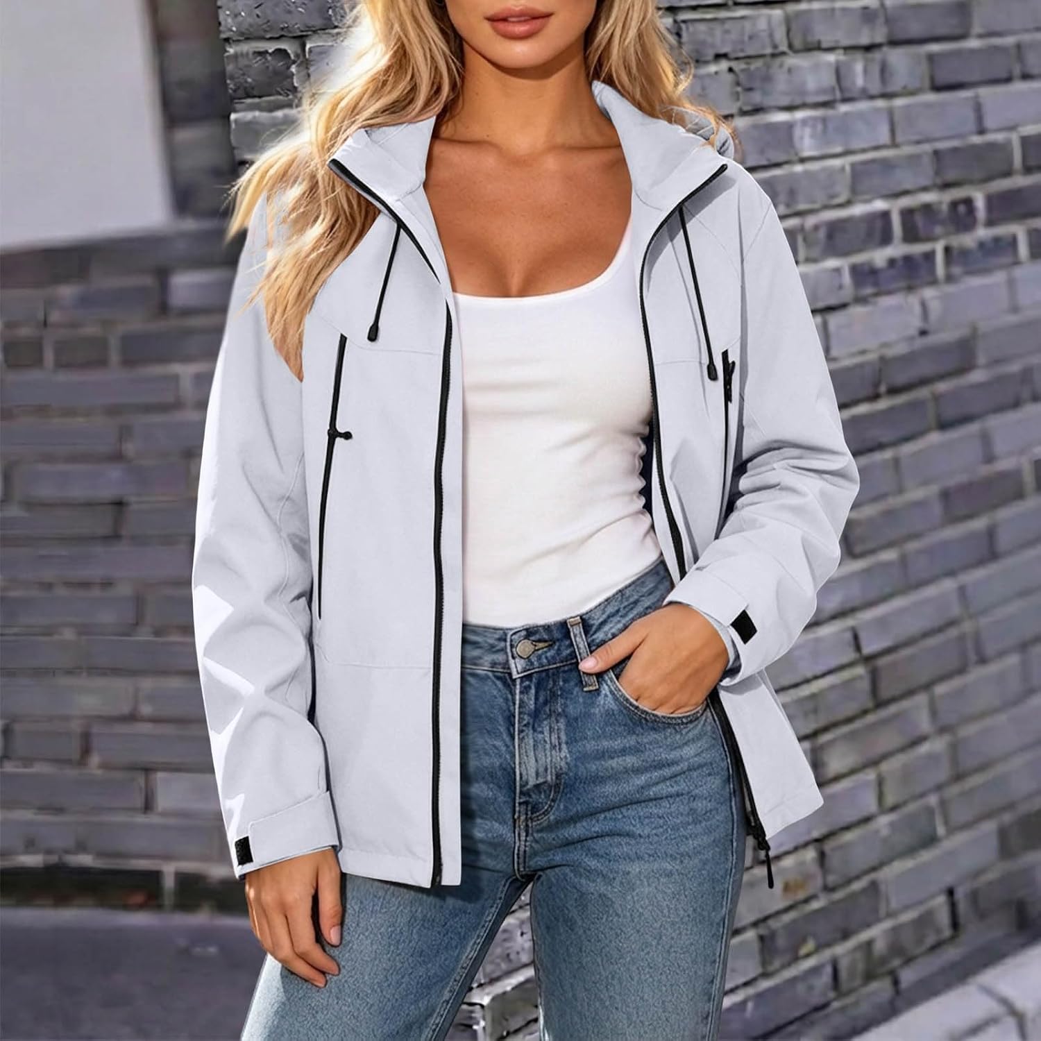 Women Hooded Softshell Jacket Full Zip Adjustable Hook Loop Cuffs Windproof Water Resistant Hiking Camping Travel Coat