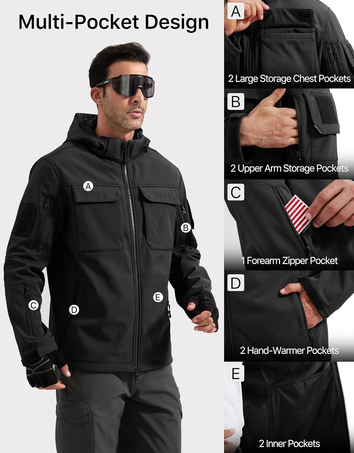 Men's Waterproof Softshell Jacket Fleece Lined Outdoor Jacket Tactical Military Hoodie Windbreaker