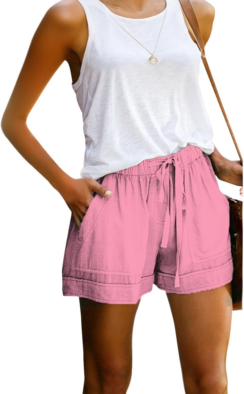 Casual Summer Beach Shorts for Women Fashion Solid Drawstring Elastic Waist Comfy Soft Shorts with Pockets