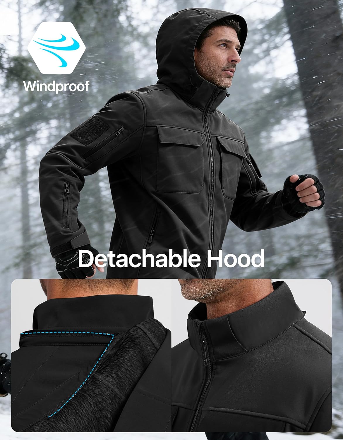 Men's Waterproof Softshell Jacket Fleece Lined Outdoor Jacket Tactical Military Hoodie Windbreaker