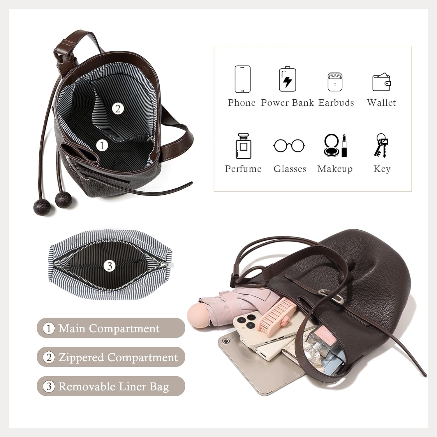 Genuine Leather Bucket Bag for Women Soft Scratch-Resistant Adjustable Shoulder Strap Removable Inner Pouch Magnetic Closure Lightweight Daily Work Commute Bag