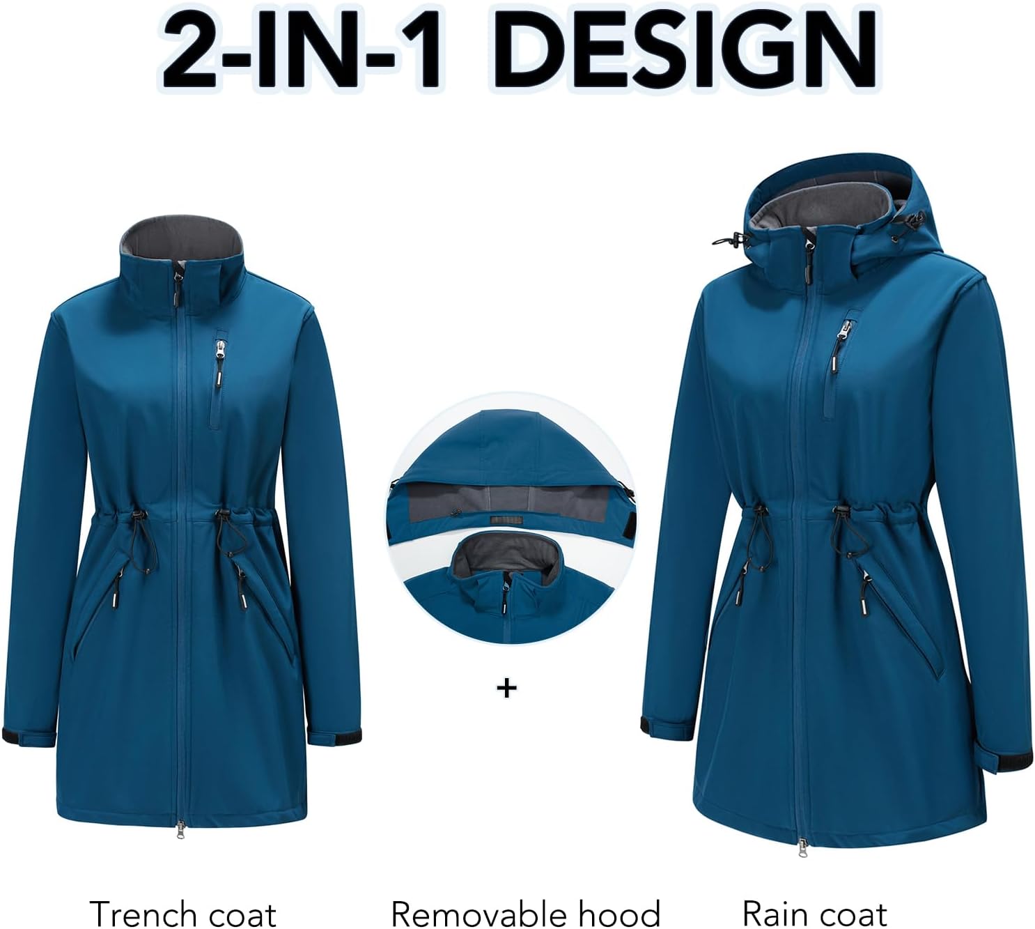 Women\'s Softshell Jacket Lightweight Long Rain Coat Hooded Waterproof Windproof Fleece Lined Insulated Windbreaker