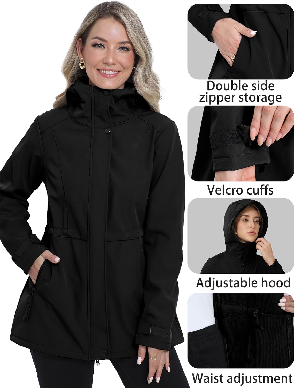 Women's Softshell Jacket Lightweight Waterproof Windbreaker Hooded Fleece Lined Insulated Coat for Outdoor Travel