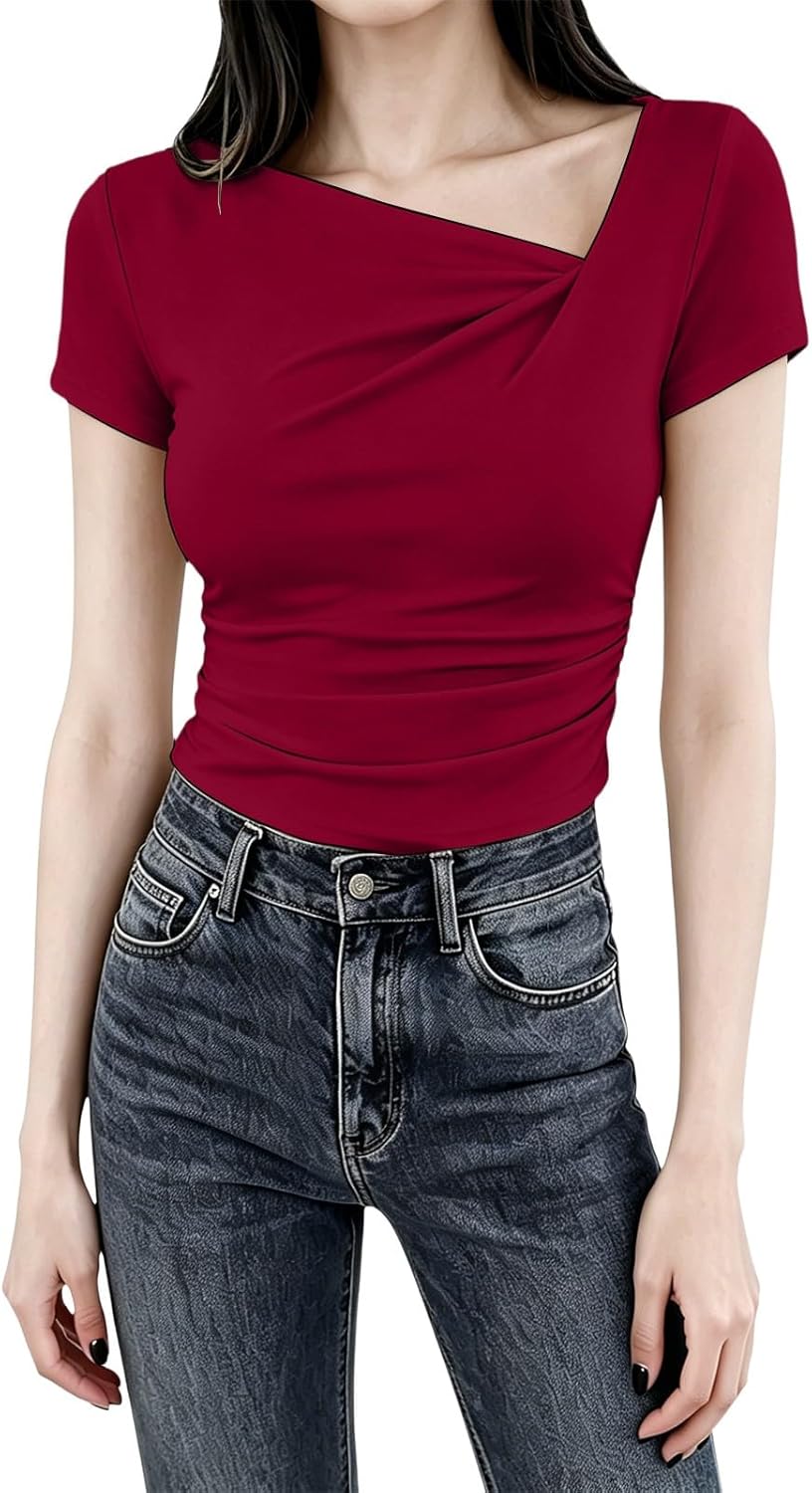 Womens Summer Asymmetrical T Shirts Ruched Fitted Y2K Going Out Tops Spring Fashion Outfits Casual Work Blouse