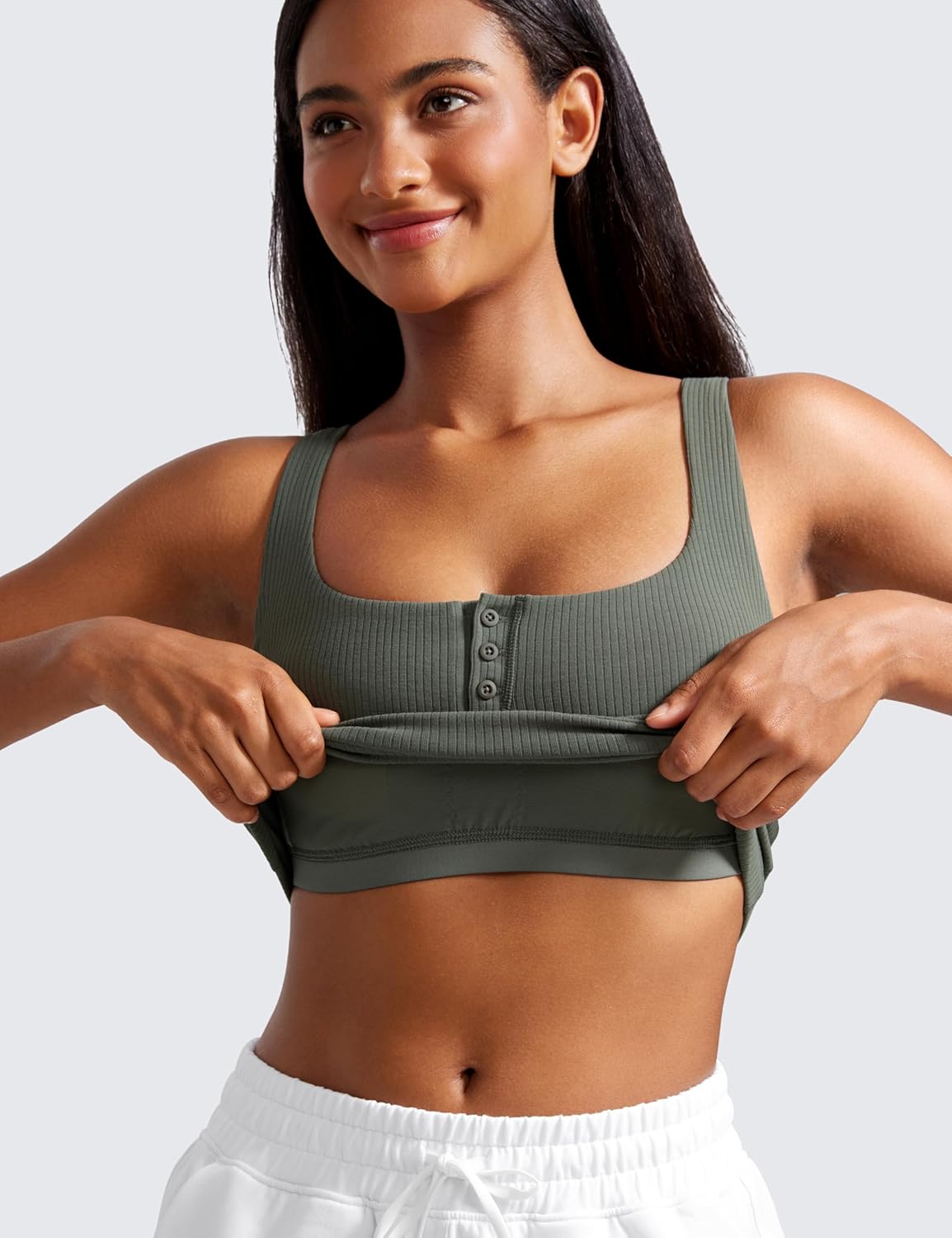 Ribbed Henley Crop Tank Tops for Women - Square Back Padded Yoga Workout Longline Sports Bras
