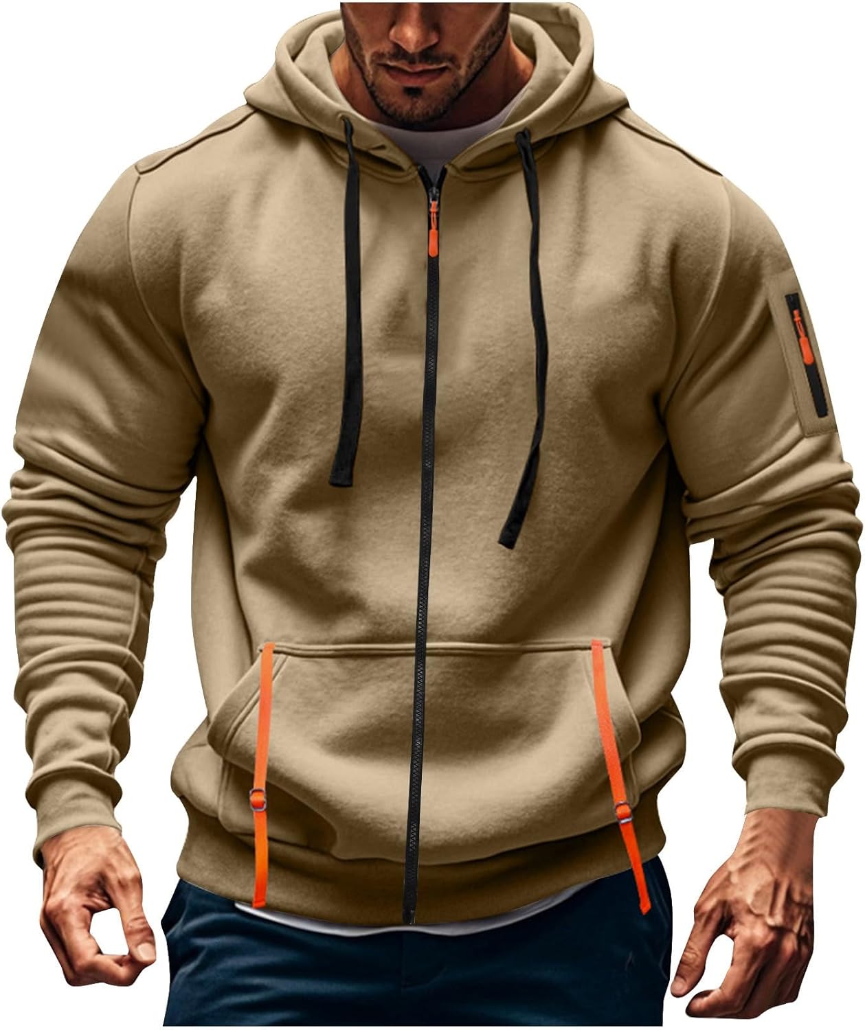 Mens Cargo Hoodies With Pockets Full Zip Long Sleeve Sweatshirt Sports Hooded Jacket