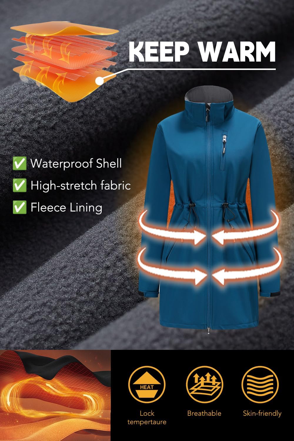 Women\'s Softshell Jacket Lightweight Long Rain Coat Hooded Waterproof Windproof Fleece Lined Insulated Windbreaker