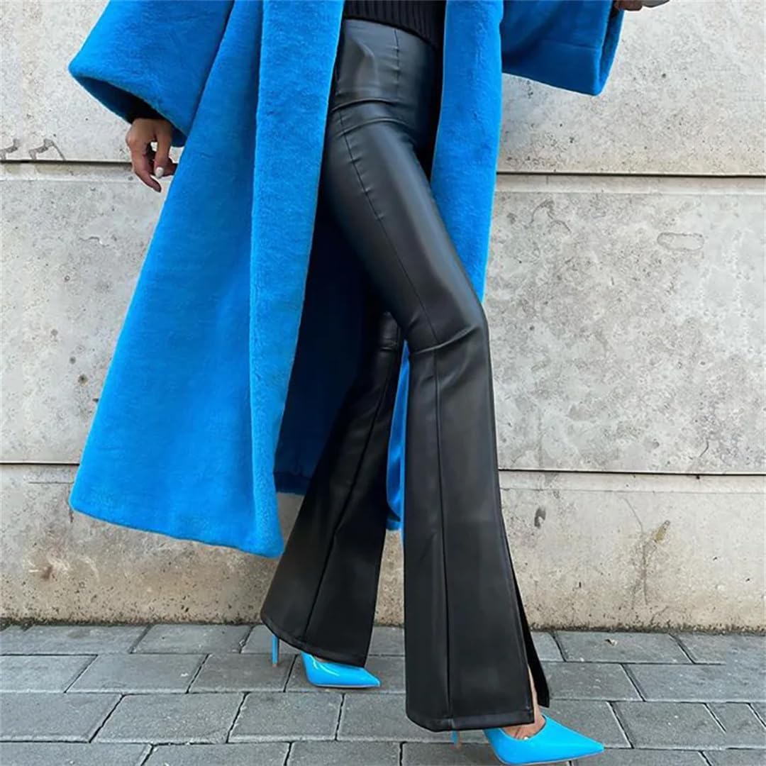 High Waist PU Flare Pants Hem Split Women Stretch Slim Faux Leather Trousers Splice Slit Sexy Leather Pants