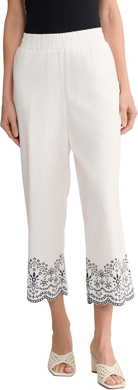 Women's Embroidered Linen-Blend Crop Pant Women's Embroidered Linen-Blend Crop Pant
