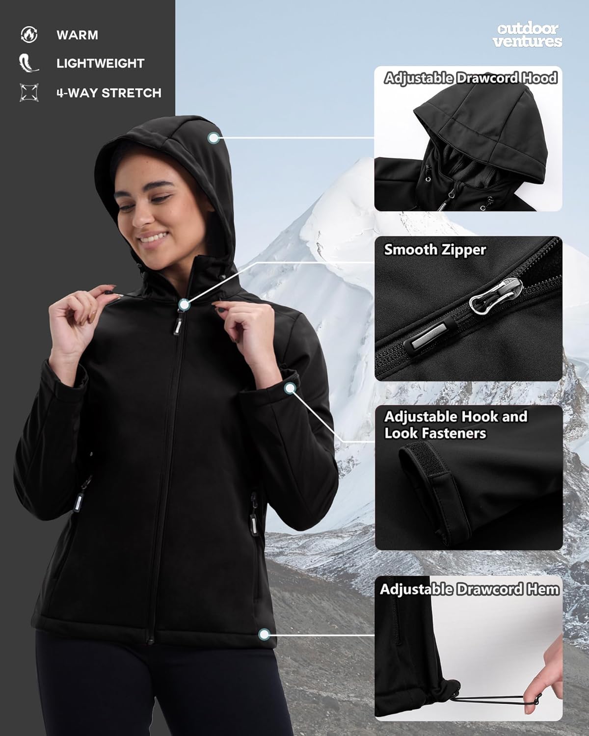 Women's Softshell Jacket Waterproof Warm Fleece Lined Lightweight Windproof Hooded Insulated Windbreaker Women's Softshell Jacket Waterproof Warm Fleece Lined Lightweight Windproof Hooded Insulated Windbreaker