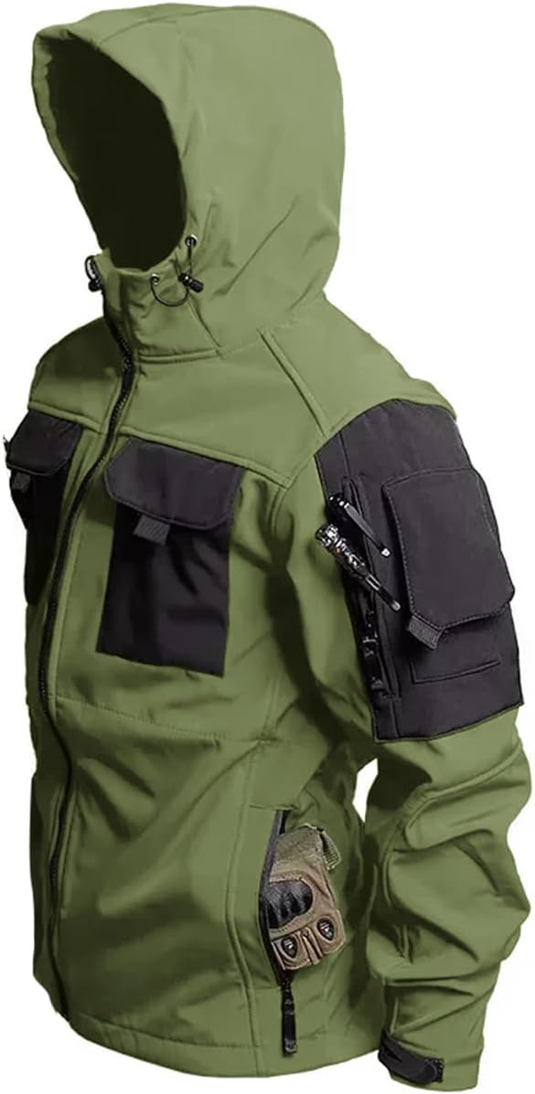 Men's Tactical Soft Shell Jacket Lightweight Water-Resistant Spring Fall Windbreaker Zip up Hooded Coat with Pockets