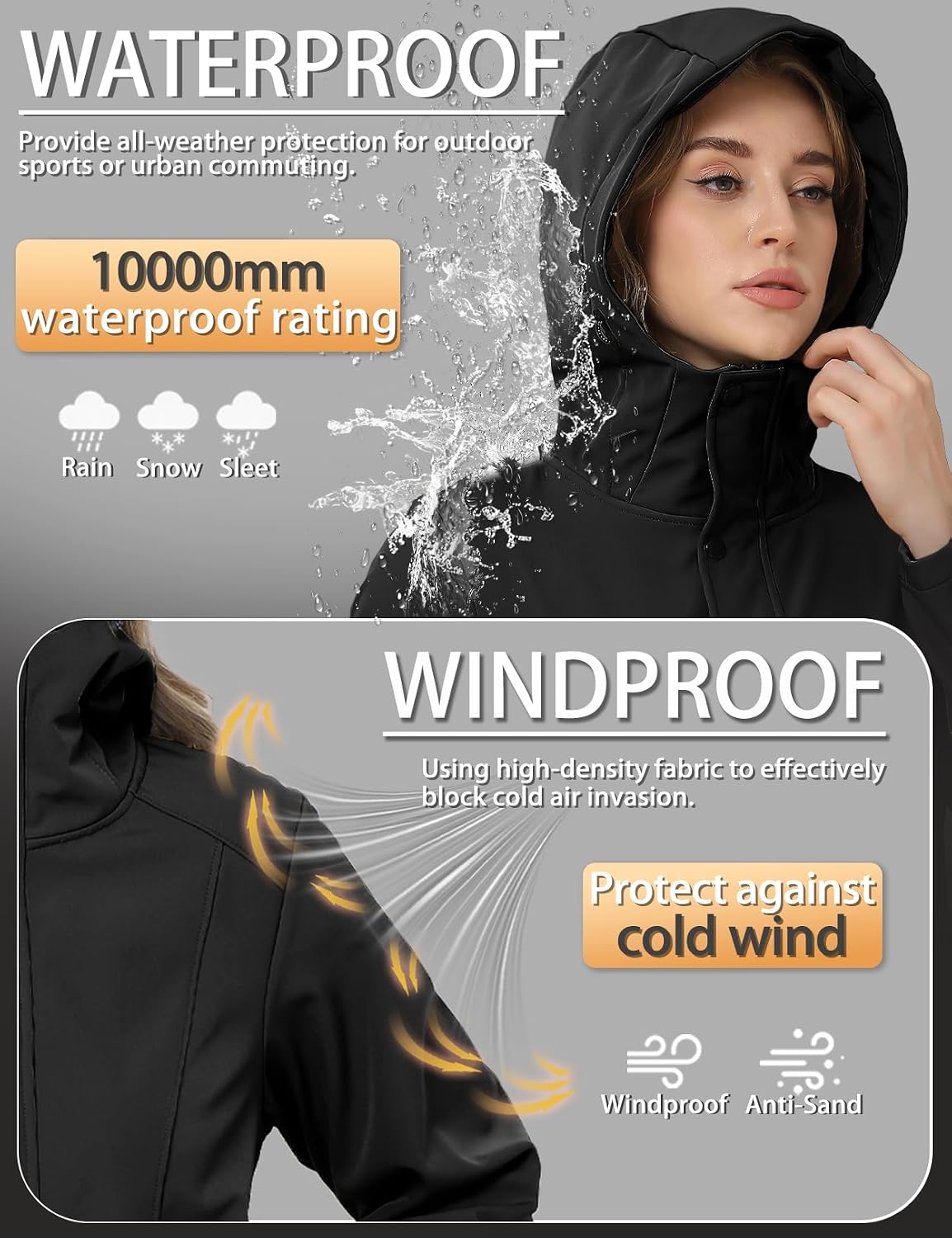 Women's Softshell Jacket Lightweight Waterproof Windbreaker Hooded Fleece Lined Insulated Coat for Outdoor Travel
