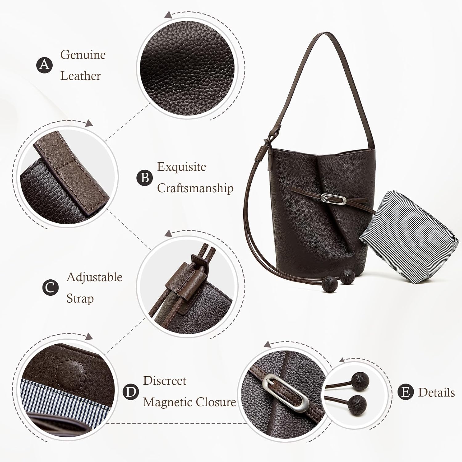 Genuine Leather Bucket Bag for Women Soft Scratch-Resistant Adjustable Shoulder Strap Removable Inner Pouch Magnetic Closure Lightweight Daily Work Commute Bag