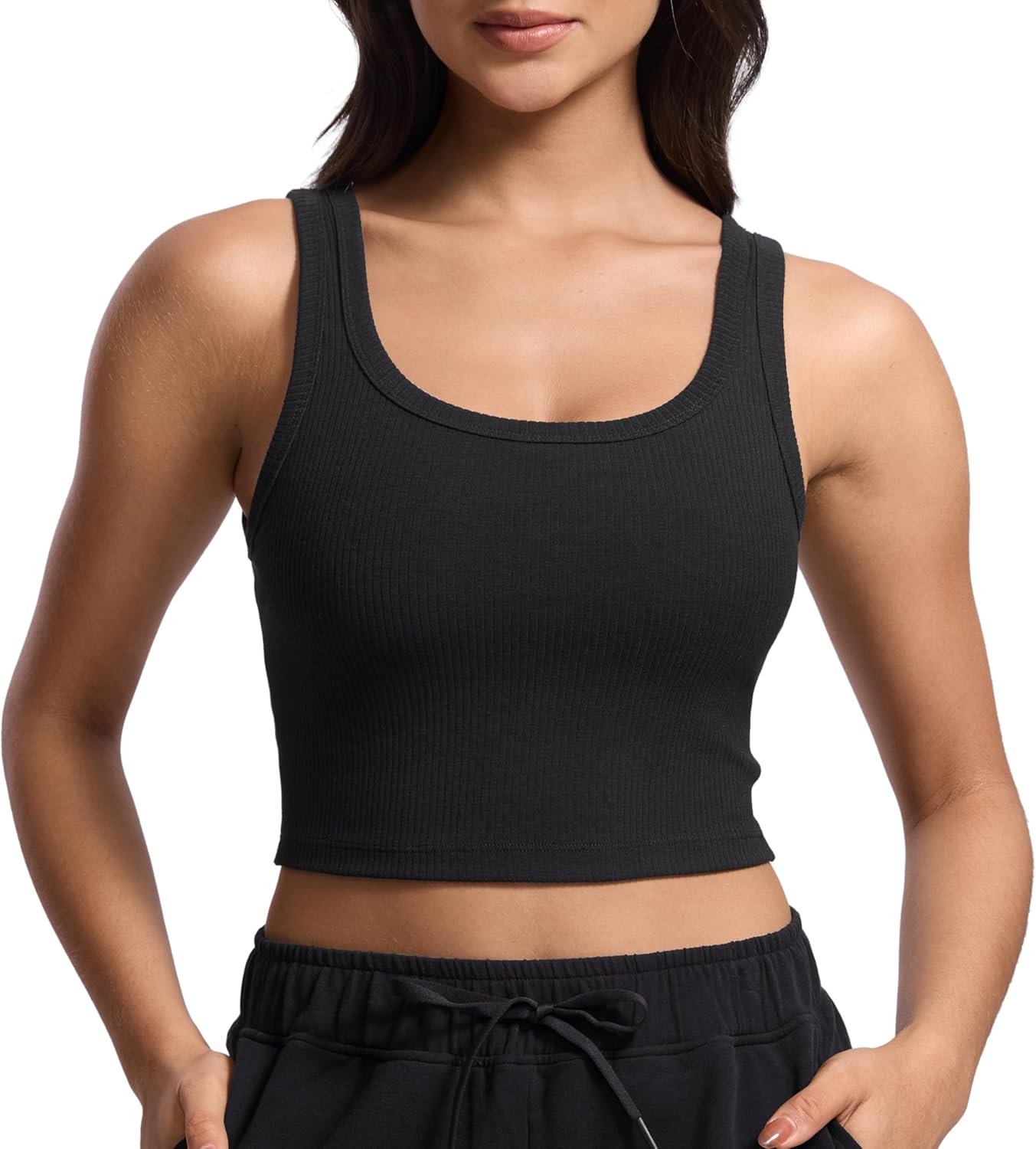 Ribbed Scoop Neck Crop Tank Tops for Women - Padded Longline Sports Bras Yoga Workout Cami