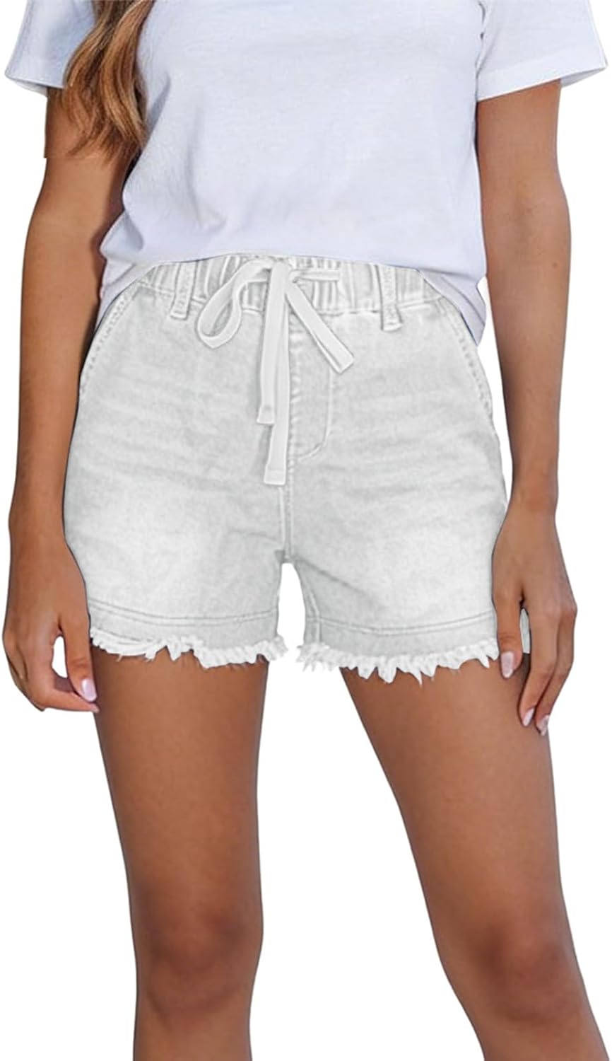 Jean Shorts Women High Waisted Drawstring Pull on Shorts with Pocket Baggy Casual Frayed Raw Hem Y2k Jorts
