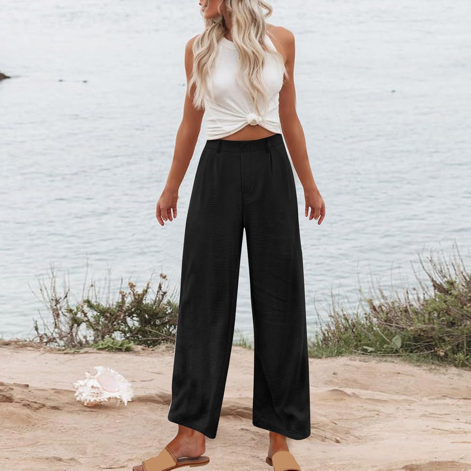 Womens Loose Wide Leg Pants High Waist Straight Pants Casual Work Dress Pant Plain Trouser Pants with Pockets