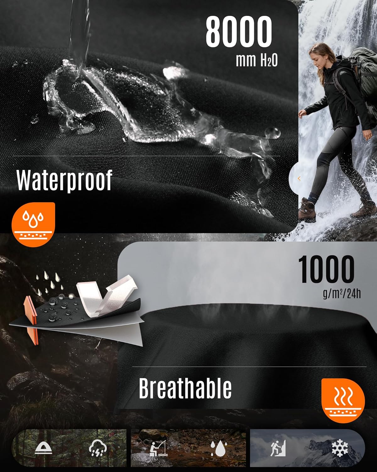 Women's Waterproof Softshell Jacket with Removable Hood Lightweight Fleece Lined Warm Insulated Rain Windbreaker