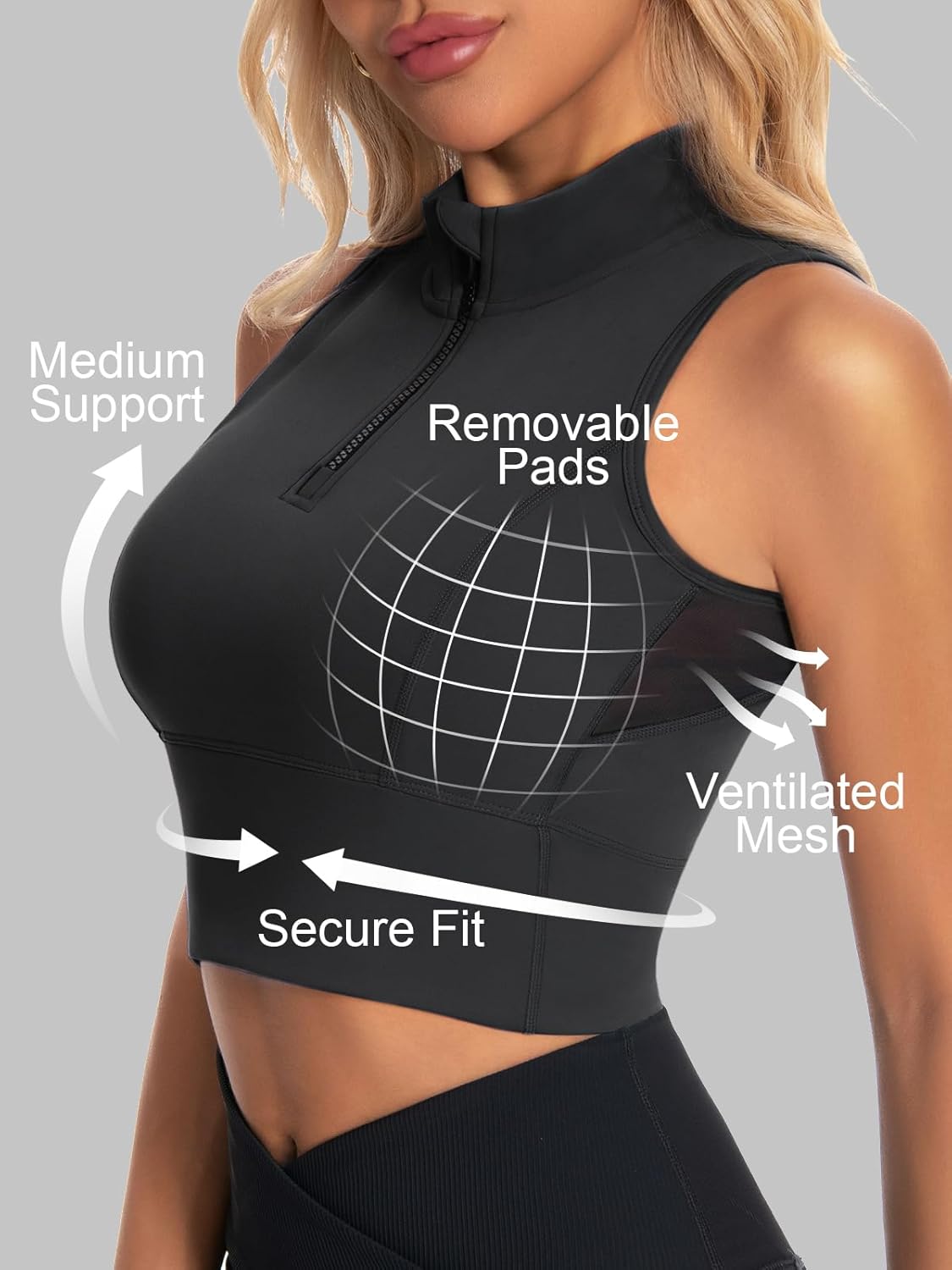 Cropped Workout Tank Tops for Women Built in Bra Half Zip High Neck Sports Bras Medium Support Sleeveless Athletic Top