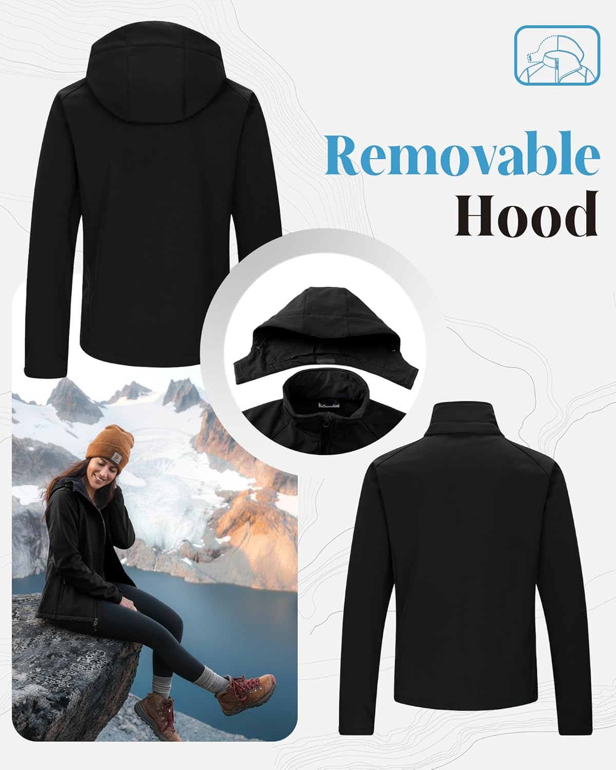 Women's Waterproof Softshell Jacket with Removable Hood Lightweight Fleece Lined Warm Insulated Rain Windbreaker