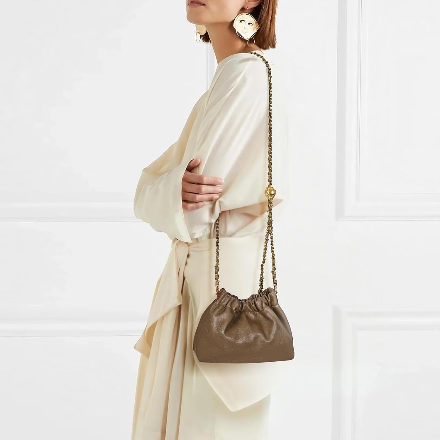 Womens Leather Chain Hobo Bag Tote Shoulder Handbag Crossbody Bags Drawstring Small Bag Dating Purse