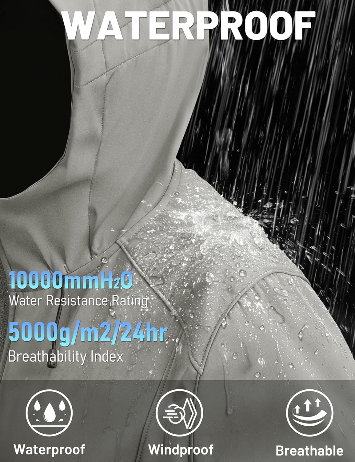 Women's Waterproof Softshell Jacket with Hood Fleece Lined Warm Raincoat for Outdoor Hiking