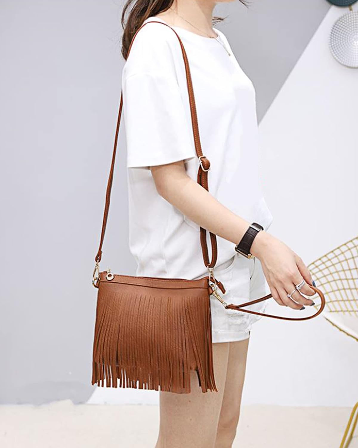 Women Small Fringe Tassel PU Leather Hobo Cross-body Shoulder Bag Wrist Bag Handbag