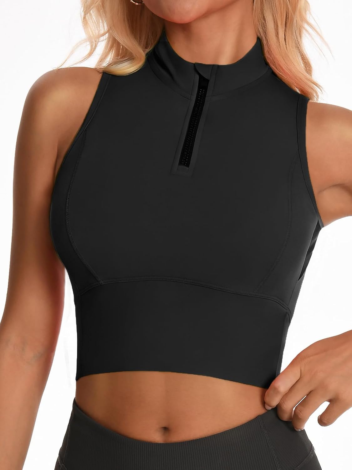 Cropped Workout Tank Tops for Women Built in Bra Half Zip High Neck Sports Bras Medium Support Sleeveless Athletic Top