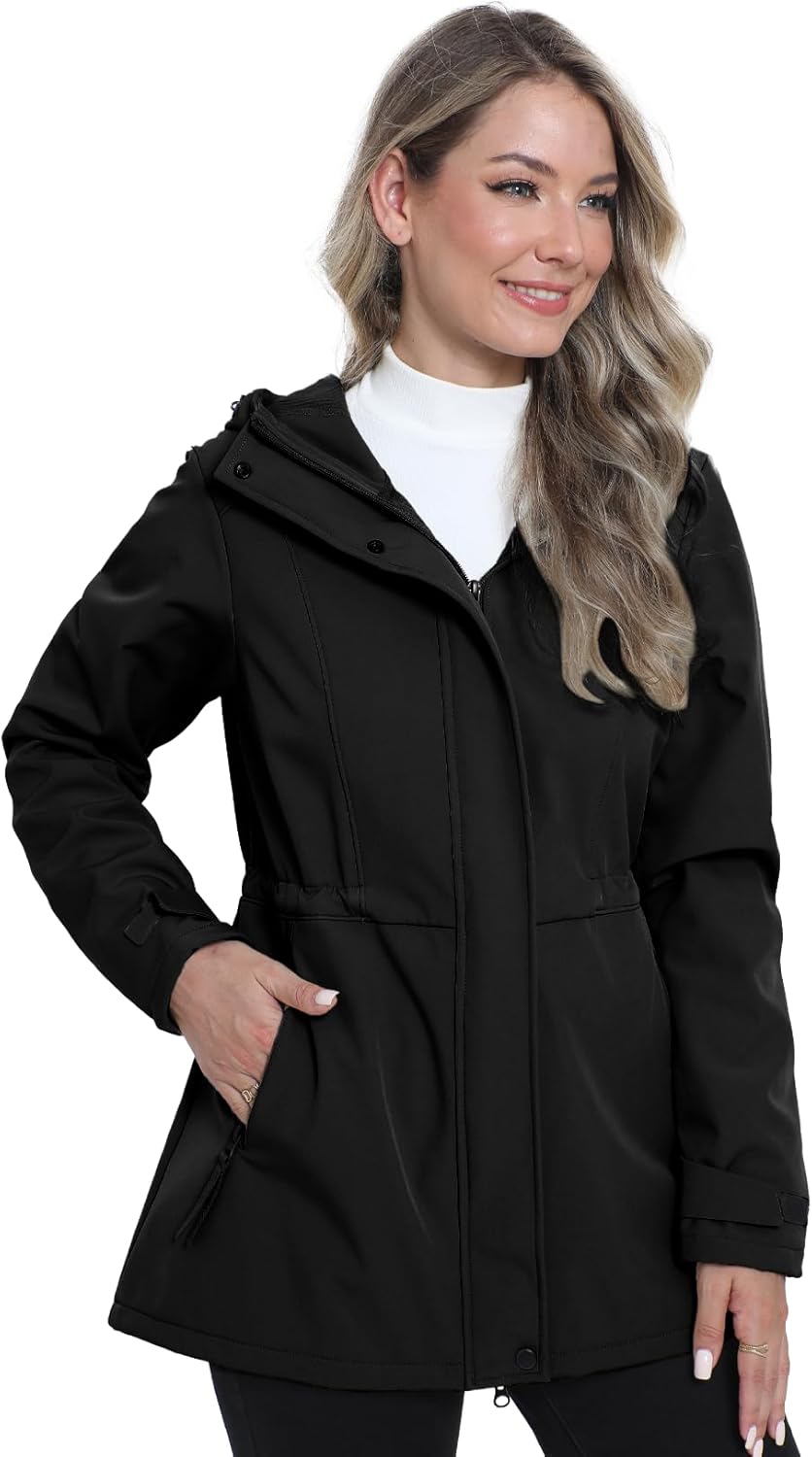 Women's Softshell Jacket Lightweight Waterproof Windbreaker Hooded Fleece Lined Insulated Coat for Outdoor Travel