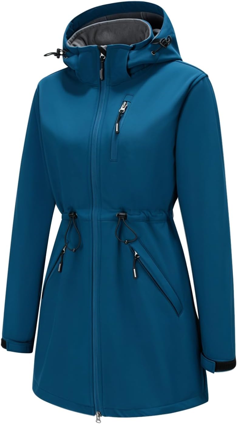 Women\'s Softshell Jacket Lightweight Long Rain Coat Hooded Waterproof Windproof Fleece Lined Insulated Windbreaker