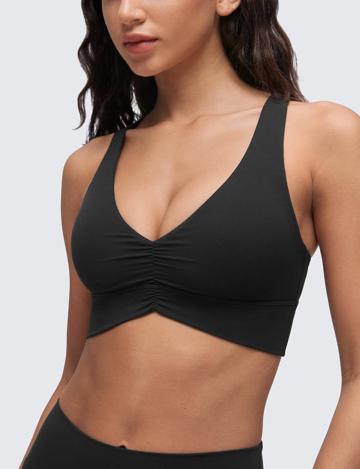 Ruched Longline Sports Bras for Women - V Neck Padded Yoga Tank Wide Straps Cross Back Crop Tops