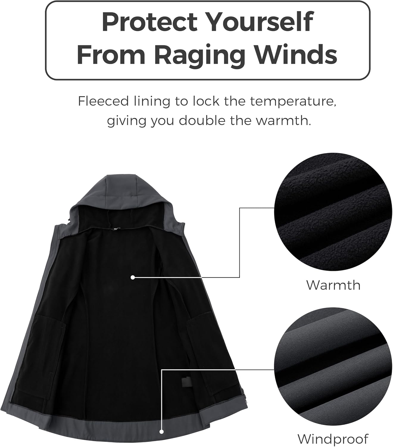 Women Softshell Jacket Fleece Lined Hooded Rain Coat Waterproof Windproof Windbreaker Jacket Lightweight Long Coat