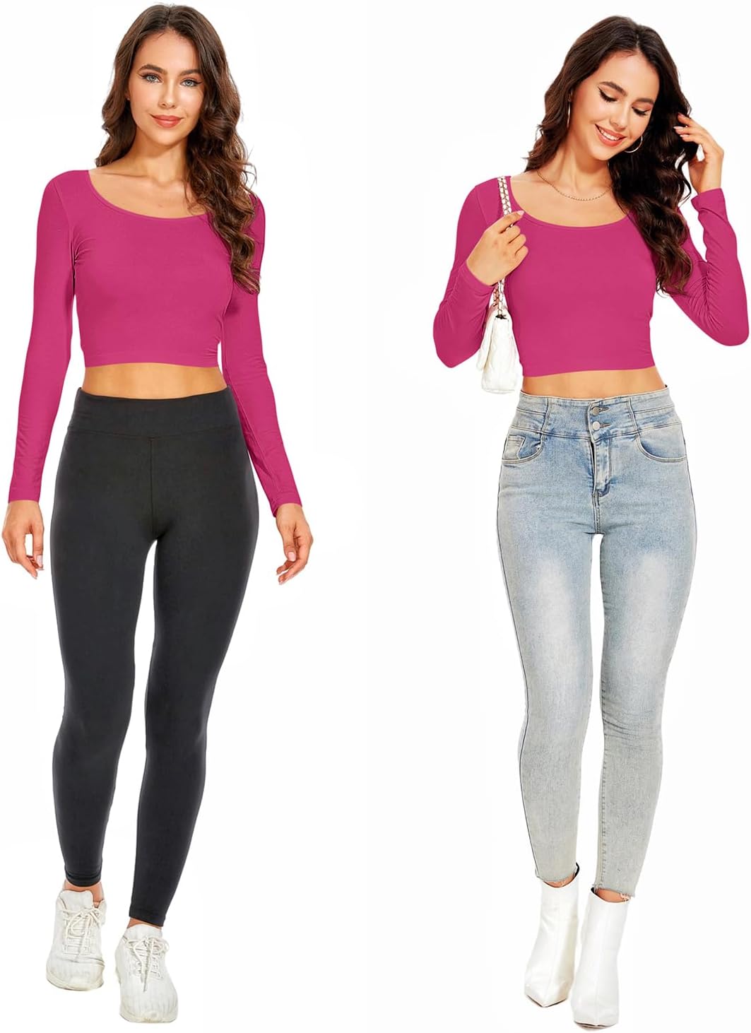 Women's Scoop Neck Long Sleeve High Waist Slim Fitted Crop Tops Workout Yoga Y2k Basic Casual Teen Girls T Shirt