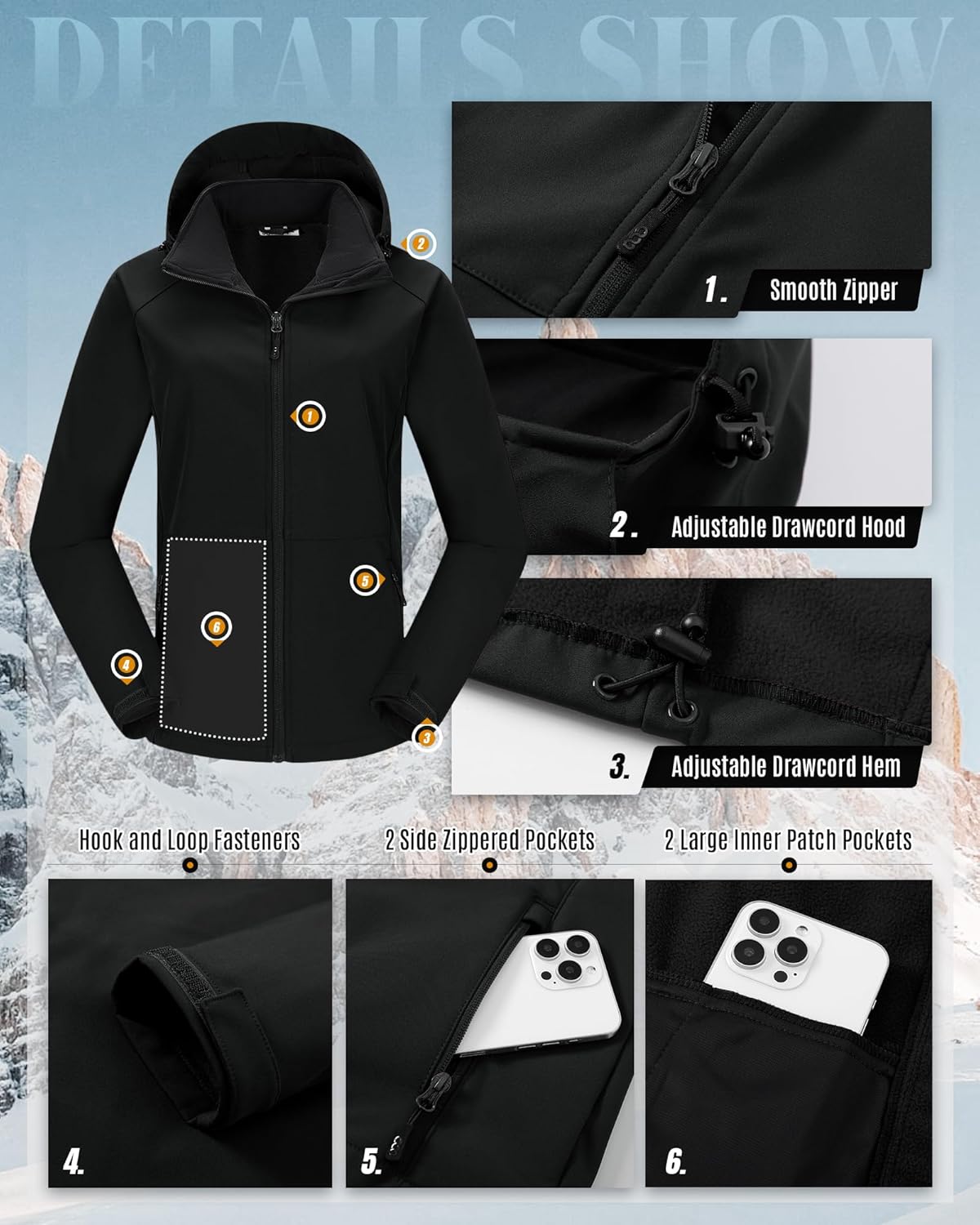 Women's Waterproof Softshell Jacket with Removable Hood Lightweight Fleece Lined Warm Insulated Rain Windbreaker