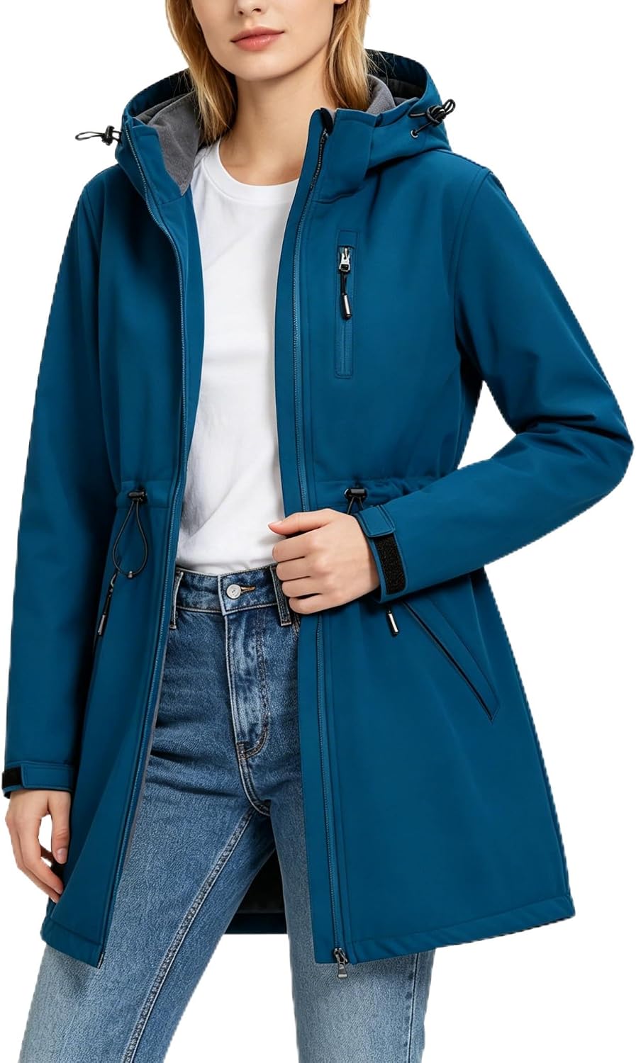 Women\'s Softshell Jacket Lightweight Long Rain Coat Hooded Waterproof Windproof Fleece Lined Insulated Windbreaker