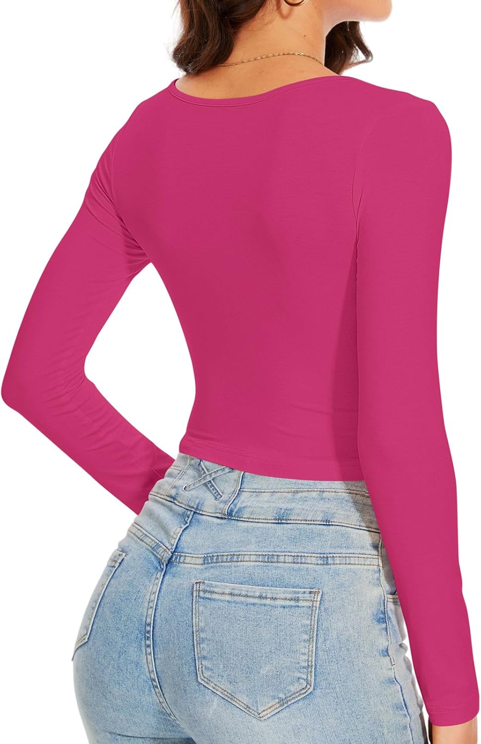 Women's Scoop Neck Long Sleeve High Waist Slim Fitted Crop Tops Workout Yoga Y2k Basic Casual Teen Girls T Shirt