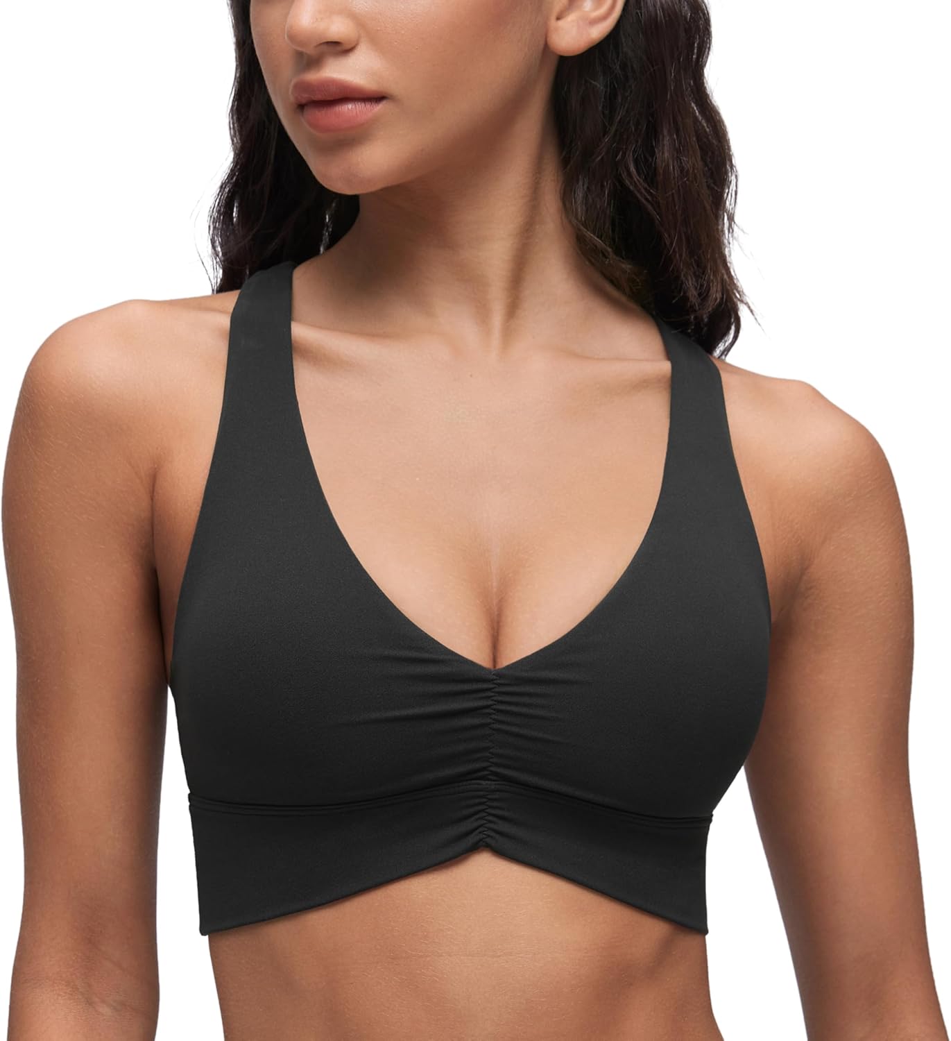 Ruched Longline Sports Bras for Women - V Neck Padded Yoga Tank Wide Straps Cross Back Crop Tops