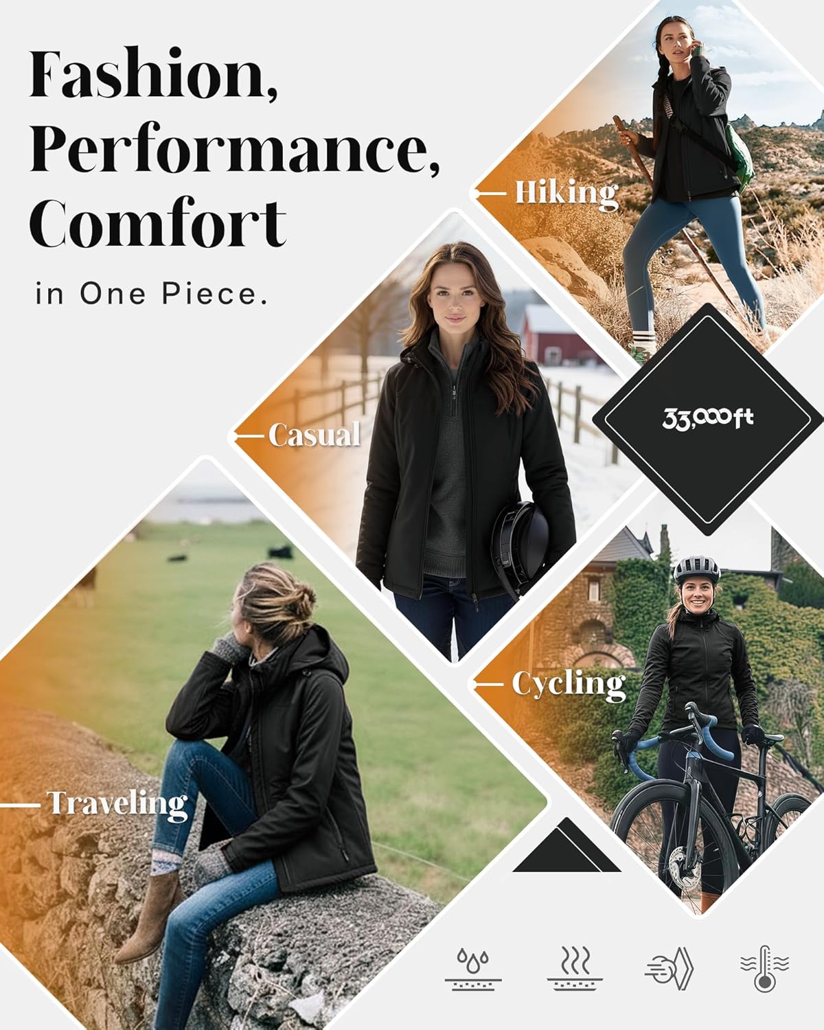 Women's Waterproof Softshell Jacket with Removable Hood Lightweight Fleece Lined Warm Insulated Rain Windbreaker