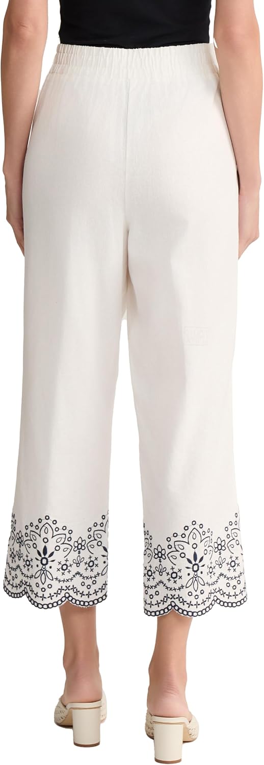 Women's Embroidered Linen-Blend Crop Pant